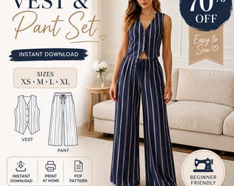 Vest and Wide Leg Pants Sewing Pattern (PDF), Women Co-ord Outfit, Instant Download