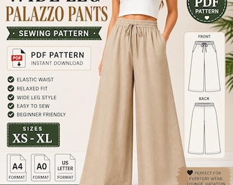 Wide Leg Pants Sewing Pattern PDF | Women Palazzo Pants Pattern | Elastic Waist Trousers | Xs-XL | A4 A0 US Letter | Instant Download