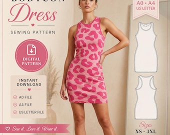 Bodycon Mini Dress Sewing Pattern, Sleeveless Fitted PDF, Beginner Sizes XS-3XL (Digital Download)