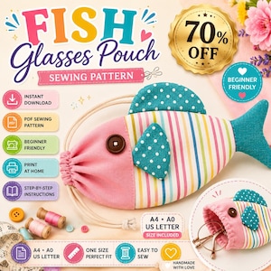 Puede incluir: Un patrón de costura para un estuche de gafas con forma de pez, con cabeza rosa, cuerpo a rayas y aletas verde azulado con lunares. El estuche tiene un ojo de botón marrón y cierre de cordón. Texto: FISH Glasses Pouch, SEWING PATTERN, 70% OFF.