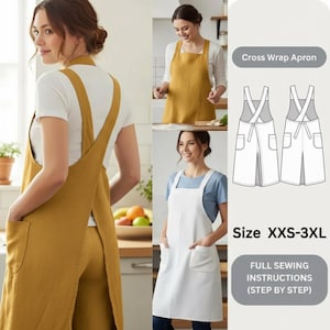 Cross Back Apron Sewing Pattern, Japanese Pinafore Apron, Artist & Kitchen Apron DIY, Pottery Apron, Plus Size Linen Apron Pattern For Women