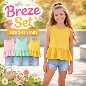 May include: A young girl in a yellow sleeveless top and denim shorts. The image features a "Breze Set" with pink, mint green, and yellow tops paired with denim shorts. The text reads "SIZE 2-13 YEARS". A straw bag and sandals are also visible.