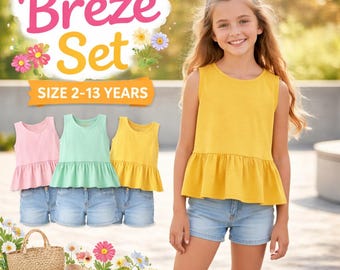 Ruffle Blouse and Pants PDF sewing patterns, size 2-13Y, Top and culottes pants set patterns for kids, sleeveless top, Lounge Set