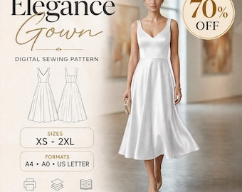 Red Satin Midi Dress Pattern, Elegant Evening Dress Sewing Pattern, V Neck Fit and Flare Dress, Formal Party Dress PDF, Women XS–XXL