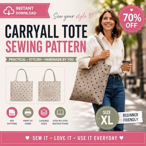 May include: A beige carryall tote sewing pattern with black heart shapes. The image includes the text "Carryall Tote Sewing Pattern" and "Sew your style". The pattern is beginner friendly and available in XL size.