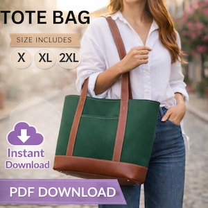 Puede incluir: Bolso tote verde con detalles y asas de cuero marrón. El bolso tiene un bolsillo frontal y una base de cuero marrón. El texto en la imagen dice "TOTE BAG", "SIZE INCLUDES X XL 2XL", "Instant Download" y "PDF DOWNLOAD".