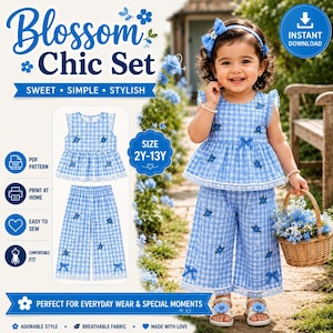 May include: A blue and white gingham pattern two-piece outfit consisting of a sleeveless peplum top and wide-leg pants, both featuring small blue floral embroidery and white lace trim. The set includes a matching blue headband with a bow.