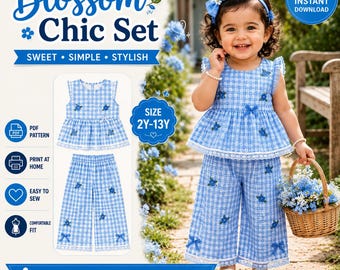Cherry Gingham Kids Outfit Sewing Pattern | Toddler Peplum Top & Pants Set PDF | Instant Download