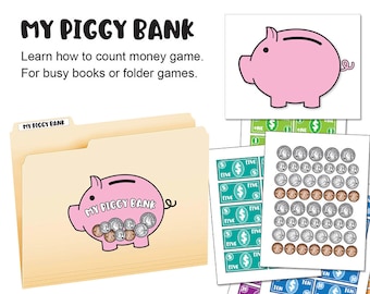 Piggy bank money counting folder game busy book bag game set instant download learn how to count money