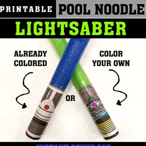 May include: Printable pool noodle lightsaber craft. Choose from a pre-colored blue and green lightsaber or color your own. Instant download.