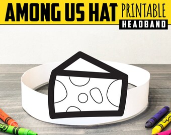 among us Cheese head hat printable headbands in full color and black and white birthday party ready