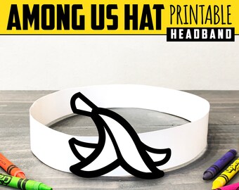 among us Banana hat printable headbands in full color and black and white birthday party ready