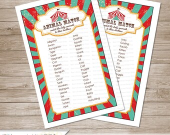 Circus Baby Shower Animal Match Game  - Instant Download