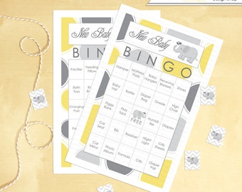 Baby Shower Bingo Elephant 30 cards INSTANT DOWNLOAD Yellow and grey - Printable