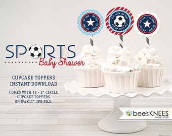 Sports Baby Shower Cupcake Toppers 2 inch circles Soccer football baseball
