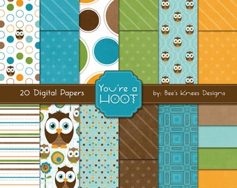 Owl Digital Paper Pack green orange brown turquoise baby boy - instant download