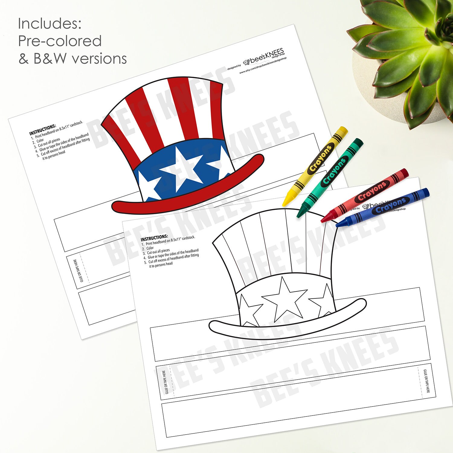 4th of July HAT Independence Day Printable Headband - Precolored or Black & White for Preschool ...