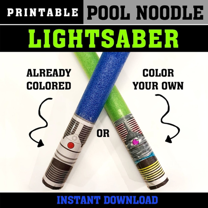 May include: Printable pool noodle lightsaber craft. Choose from a pre-colored blue and green lightsaber or color your own. Instant download.