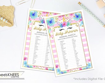 Unicorn Baby Shower who's my mommy animal match game Game Gold Floral  - Instant Download