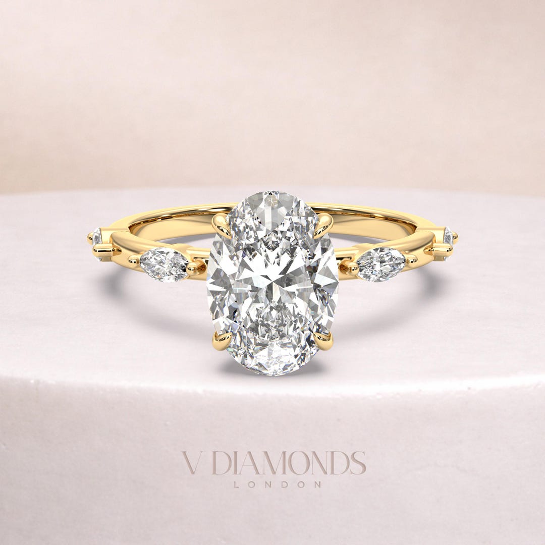 2 Carat Oval Lab Grown Diamond Engagement Ring Marquise Side Stones ...