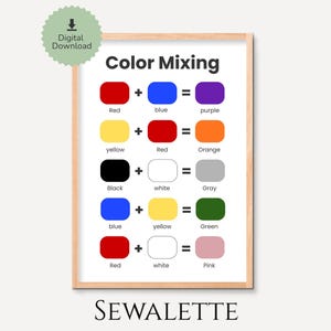 Puede incluir: Una impresión enmarcada titulada "Color Mixing" con un marco de madera. La impresión muestra combinaciones de colores: rojo + azul = morado, amarillo + rojo = naranja, negro + blanco = gris, azul + amarillo = verde y rojo + blanco = rosa. El texto "SEWALETTE" está en la parte inferior.