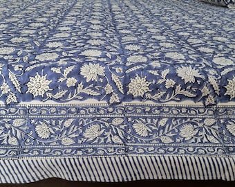 Lenzuolo Jaipuri blu floreale, lenzuolo piatto in cotone stampato a blocchi fatto a mano, elegante biancheria da letto boho cottagecore