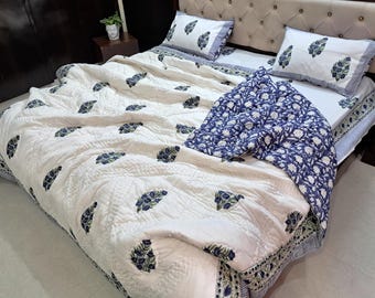 Blue Boota Floral Hand Block Print Quilt - Reversible Cotton Jaipuri Blanket, Blue & White Bedding Throw , Jaipuri Block Print Razai
