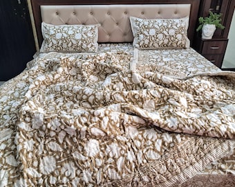 Edredón floral marrón con estampado a mano, manta reversible de algodón, ropa de cama boho, edredón indio ligero, edredón marrón hecho a mano, edredón cálido