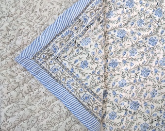 Blue Floral Hand Block Print Cotton Quilt | Reversible Jaipuri Razai, Handmade Boho Bedding, Cottagecore Bedspread, Twin Queen King Quilt