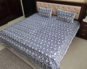 Vintage Hand Block Printed Floral Lightweight Sheet (King and Queen Flat or Fitted sizes available) with 2 Pillowcases