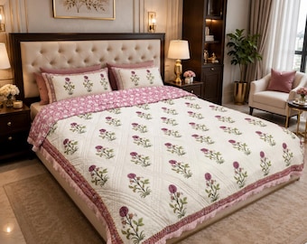 Floral Block Print Pink Quilt, Handcrafted Cotton Quilt, Reversible Bedding, Ethnic Home Decor Reversible Indian Bedspread Lightweight Quilt