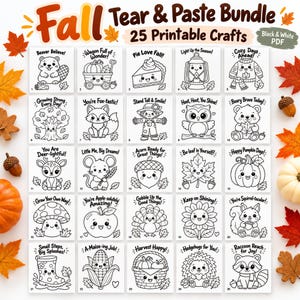 Può includere: Un set di 25 fogli da ritagliare e incollare in bianco e nero intitolato Fall Tear & Paste Bundle. Ogni riquadro presenta un personaggio o un oggetto stagionale con contorni semplici e una didascalia, tra cui castoro, zucca e lanterna.