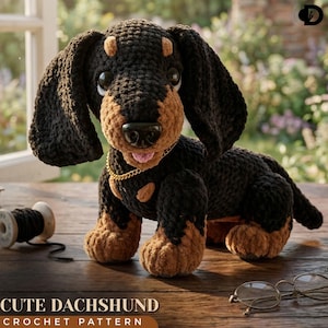 Peut inclure: Un chien teckel au crochet noir et beige, orné d'un collier chaîne doré. Le chien a de grandes oreilles tombantes et une langue rose. Le texte "CUTE DACHSHUND CROCHET PATTERN" est en bas de l'image.