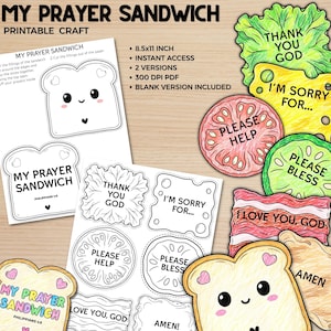 May include: A printable craft set titled My Prayer Sandwich featuring black and white outlines of bread slices and sandwich fillings. Coloured cutouts include lettuce, cheese, tomato, cucumber, bacon, and bread with text like Thank You God.