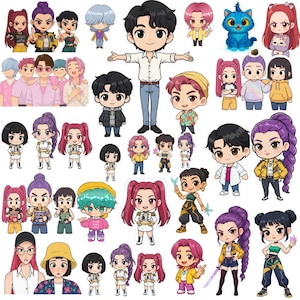 Chibi Kpop Demon Hunters Clipart, KPDH Chibi Edition, Cute kawaii kpop PNG, Instant Download PNG Huntr/x, Rumi, zoey, mira, saja boys, jinu