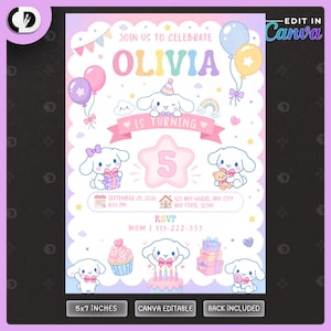 May include: A birthday invitation template featuring pastel colors, white puppy characters, balloons, and a large number 5. The text reads: JOIN US TO CELEBRATE OLIVIA IS TURNING 5, SEPTEMBER 25, 2026, 123 ANY WHERE, ANY CITY, ANY STATE, 12345, 8:00 PM, RSVP MOM 111-222-333.