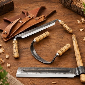 May include: A set of three woodworking drawknives featuring dark metal blades and light brown wooden handles with black ring details. One drawknife is curved, while two are straight, and a brown leather sheath is included for storage.