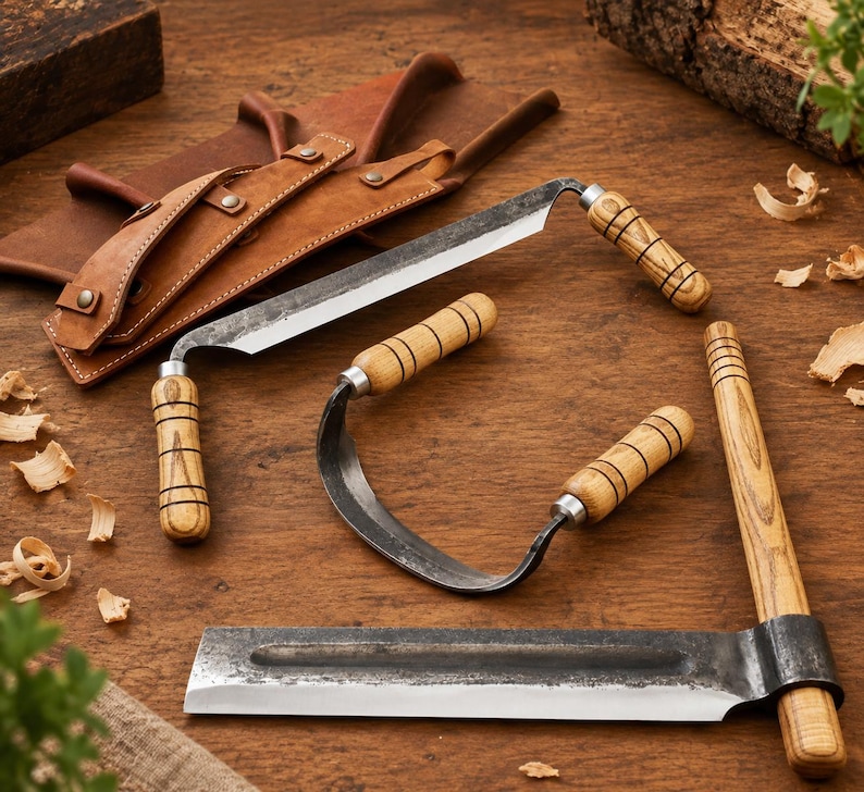 May include: A set of three woodworking drawknives featuring dark metal blades and light brown wooden handles with black ring details. One drawknife is curved, while two are straight, and a brown leather sheath is included for storage.