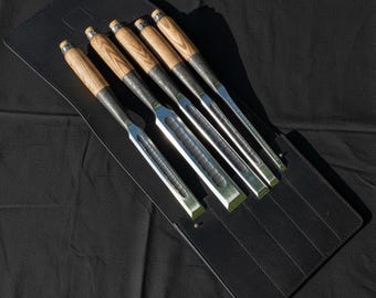 Hand Forged Chisel Set, 52100 Steel, Ash Wood Handles, Leather Case