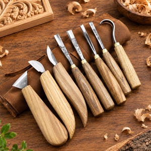 May include: A set of seven wood carving tools with light brown wooden handles and metal blades of various shapes, including straight, angled, and curved hook blades, arranged on a brown leather roll-up case with wood shavings nearby.