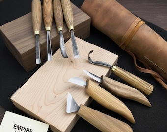 Conjunto de 8 peças de ferramentas para entalhe em madeira forjadas à mão – Conjunto de facas para entalhar colheres com estojo de couro