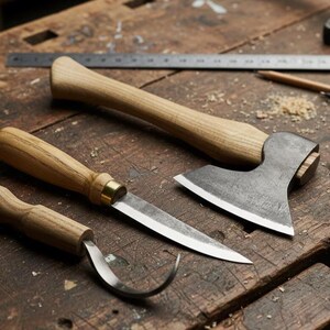 May include: A collection of woodworking tools, including a small axe, a knife, and a curved blade tool, with wooden handles and metal blades. The tools are arranged on a wooden workbench.