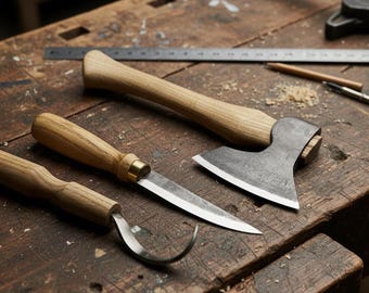 Hand Forged Bowl Carving Knife Set – 52100 Steel Woodworking Knives, Ash Handles, Spoon & Kuksa Carving Kit