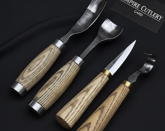 Conjunto de ferramentas para entalhe de tigelas forjadas à mão – Facas de aço carbono para marcenaria com estojo de couro