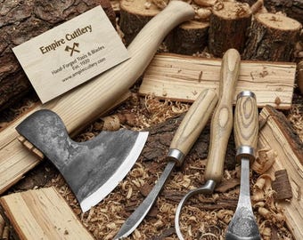 Hand Forged Spoon Carving Tool Set – Carbon Steel Knives, Leather Sheaths, Wood Carving & Whittling Tools