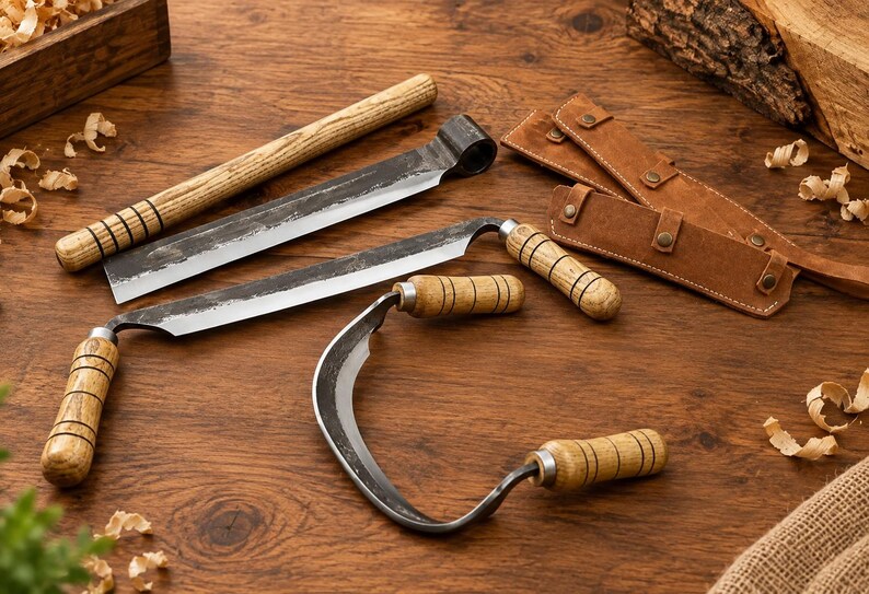 May include: Three woodworking drawknives with dark metal blades and light brown wooden handles featuring black ring details. Two tools have straight blades, one has a curved blade, and two brown leather protective sheaths are included.