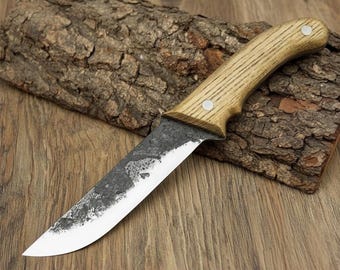Ręcznie kuty nóż Bushcraft – ostrze ze stali węglowej 52100, nóż survivalowy, nóż kempingowy ze skórzaną pochwą