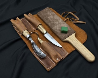 Conjunto de ferramentas para entalhe em madeira em aço carbono forjado à mão | Estojo de couro incluído