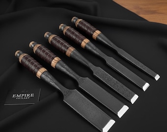 Hand Forged Bevel Edge Chisel Set – Woodworking Tools with Leather Wrapped Handles, Carpenter & Joinery Kit