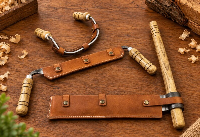 May include: Two drawknives with wooden handles and metal blades, each featuring a tan leather sheath with metal snaps. One drawknife is curved, while the other is straight. The tools are designed for woodworking and are shown with wood shavings.